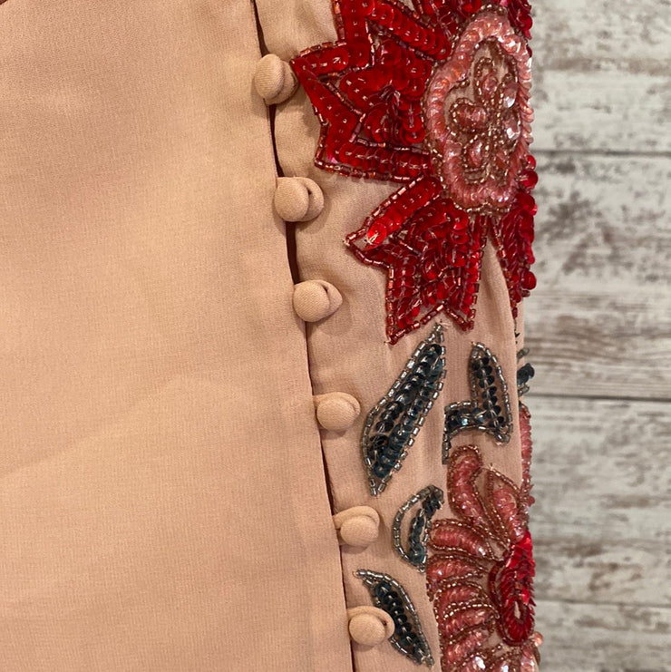 TAN/COLORFUL BEADED LONG DRESS