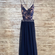 NAVY/TAN LONG EVENING GOWN