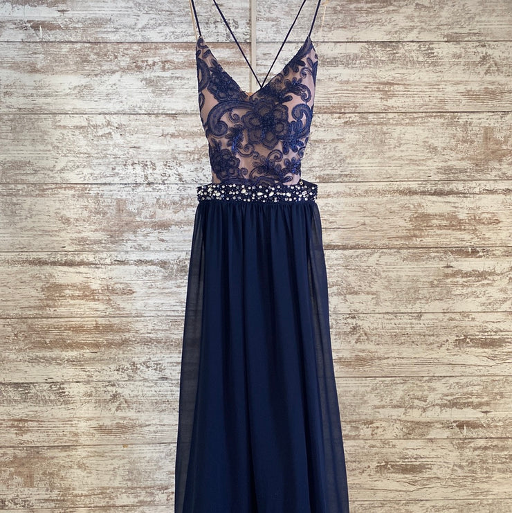 NAVY/TAN LONG EVENING GOWN