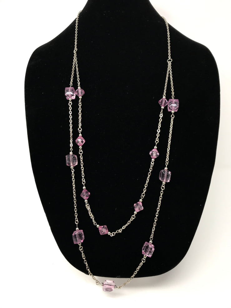 SILVER 2 STRAND PINK BEAD NECK