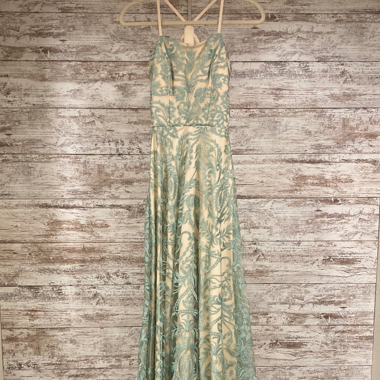 GREEN/TAN A LINE GOWN