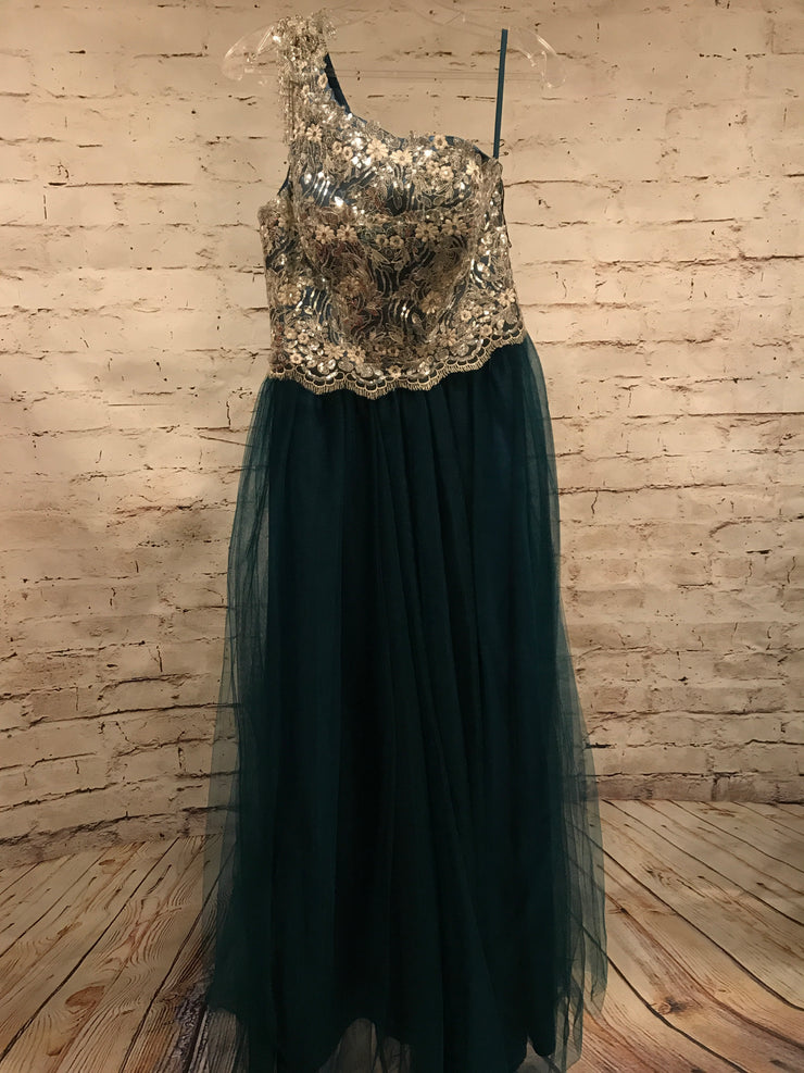TEAL/WHITE LACE A LINE GOWN
