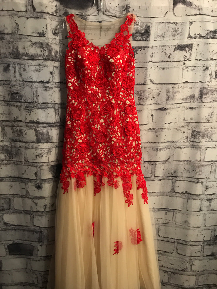 RED/TAN LACE MERMAID GOWN