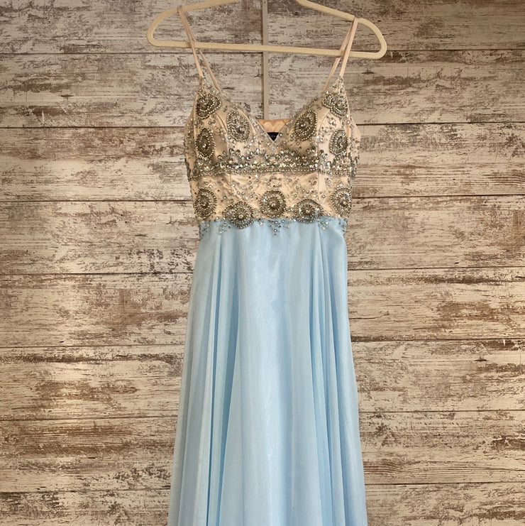 BLUE/WHITE LONG EVENING GOWN