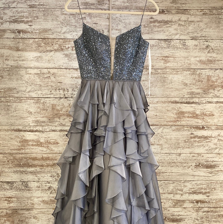 GRAY RUFFLED A LINE GOWN (NEW)