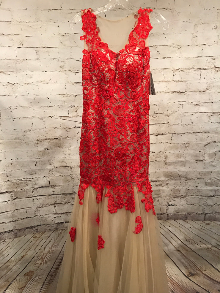 red and tan lace dress TAN W/ RED LACE MERMAID GOWN – Savvy Seconds Boutique