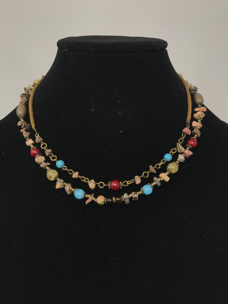 BLUE/RED/TAN BEADED NECKLACE