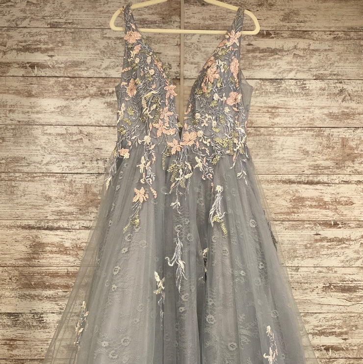 GRAY/BLUE FLORAL A LINE GOWN