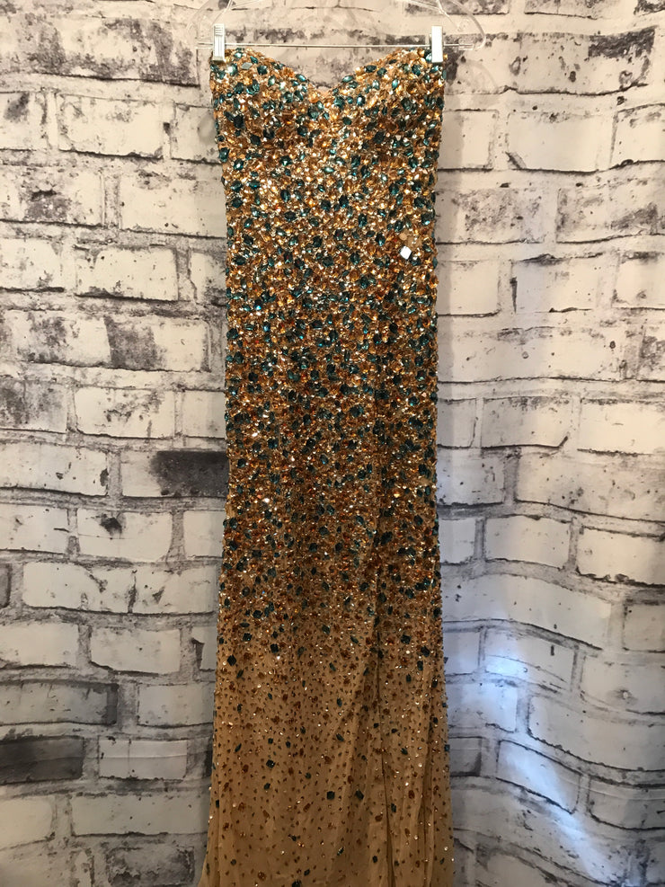 TURQUOISE/GOLD LONG BEADED GOW