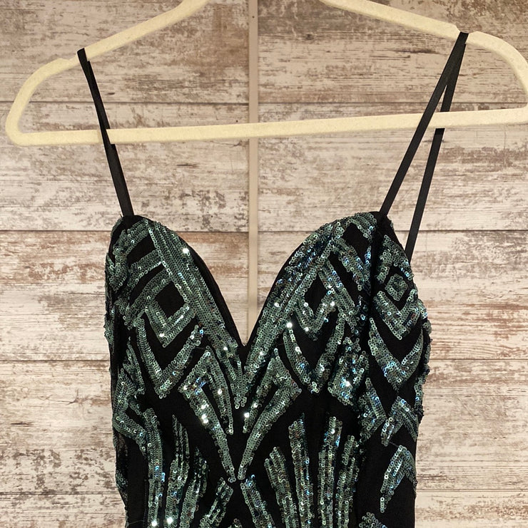 GREEN/BLACK SEQUIN LONG DRESS