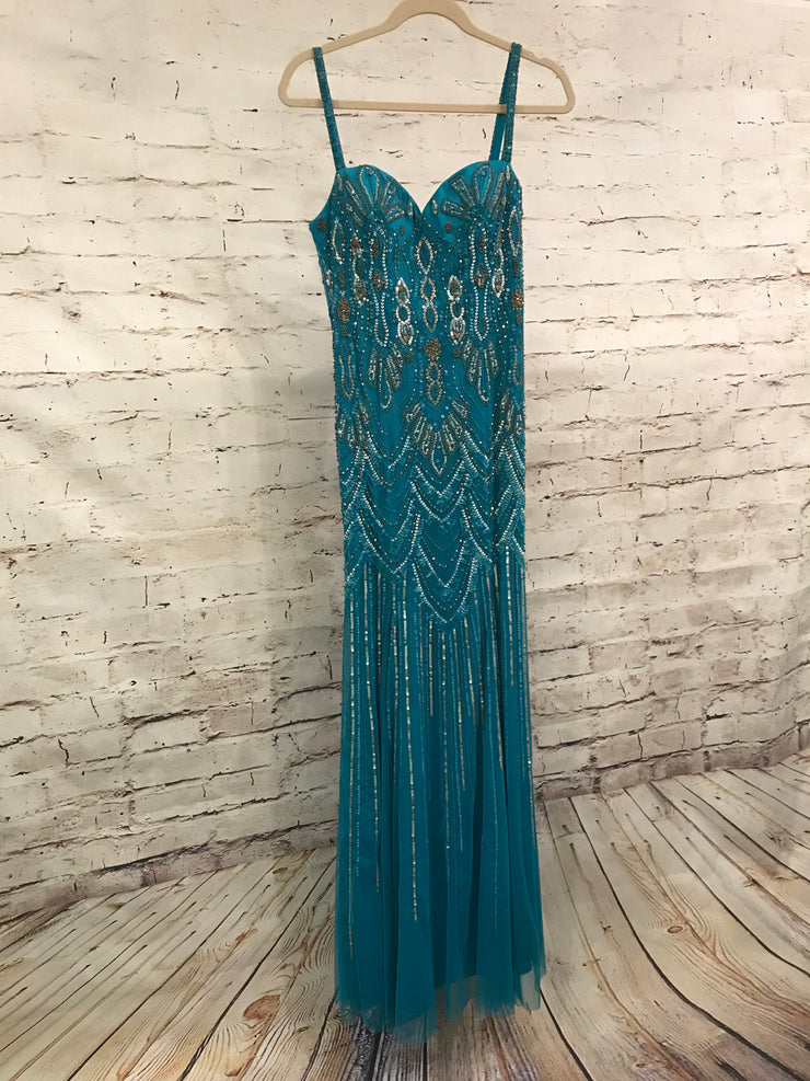 TURQUOISE BEADED LONG EVENING GOWN