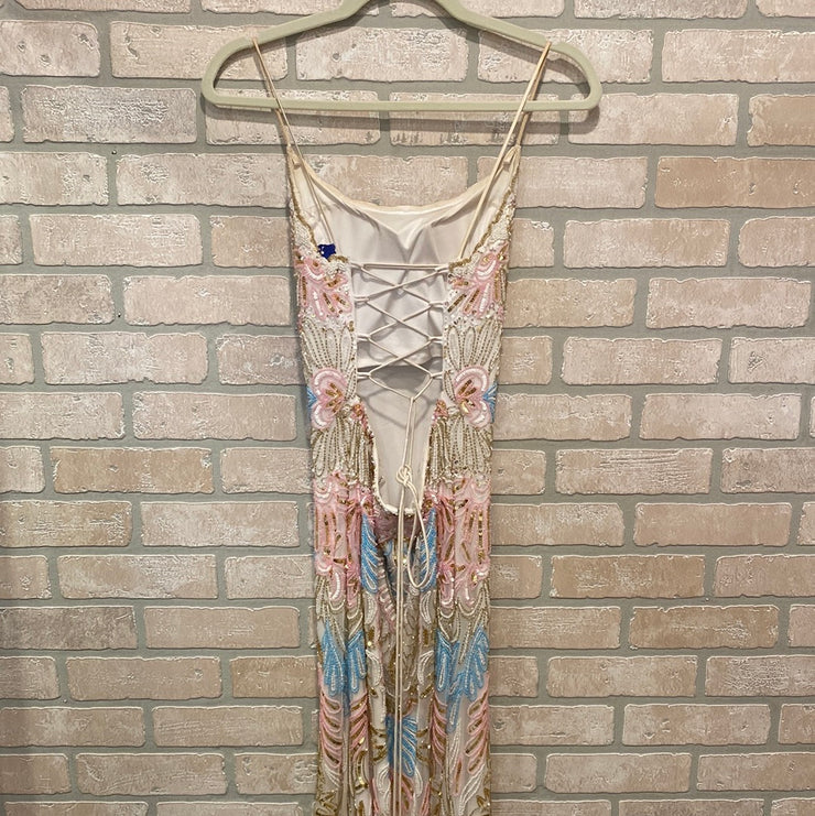 WHITE BEADED LONG EVENING GOWN