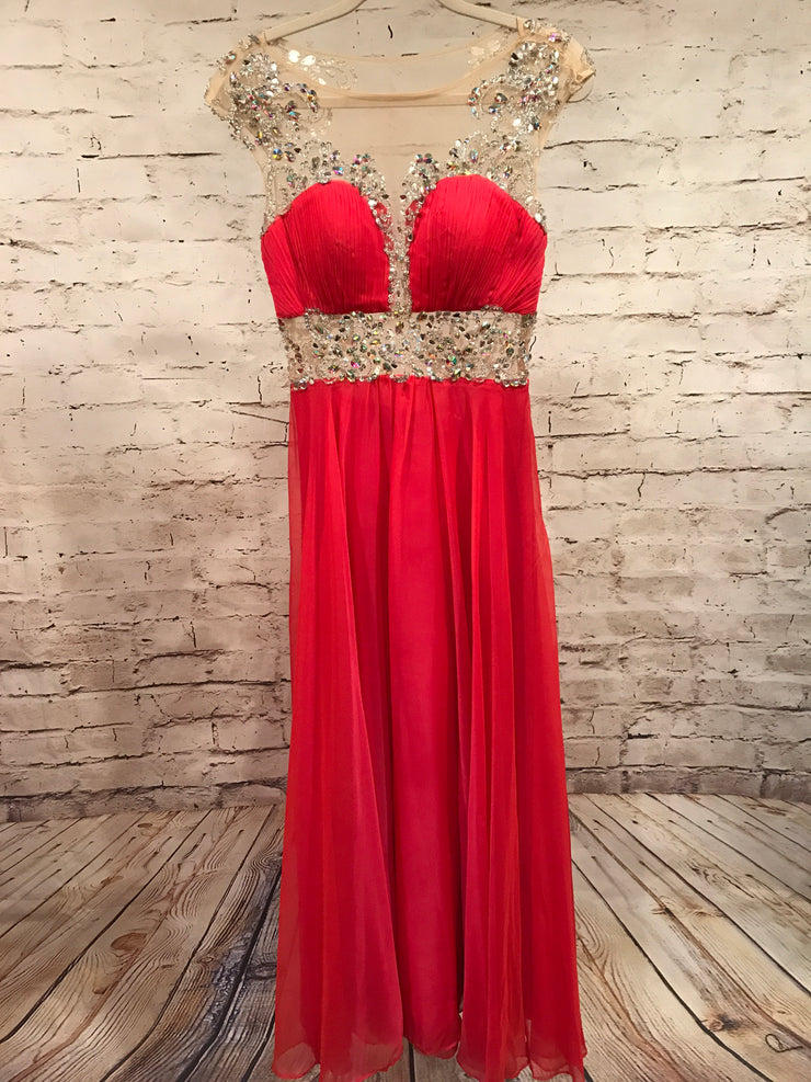 RED MESH LONG EVENING GOWN
