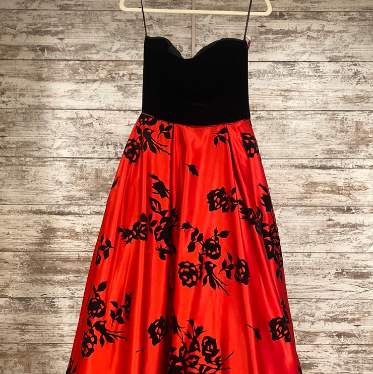 RED/BLACK FLORAL A LINE GOWN