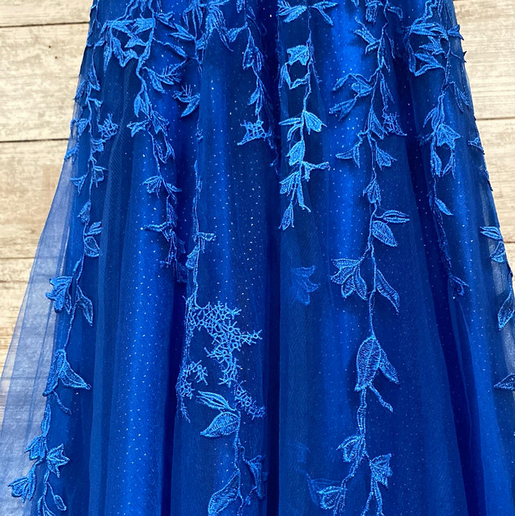 ROYAL BLUE FLORAL A LINE GOWN