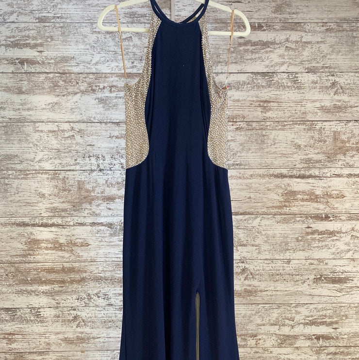 NAVY/TAN LONG EVENING GOWN