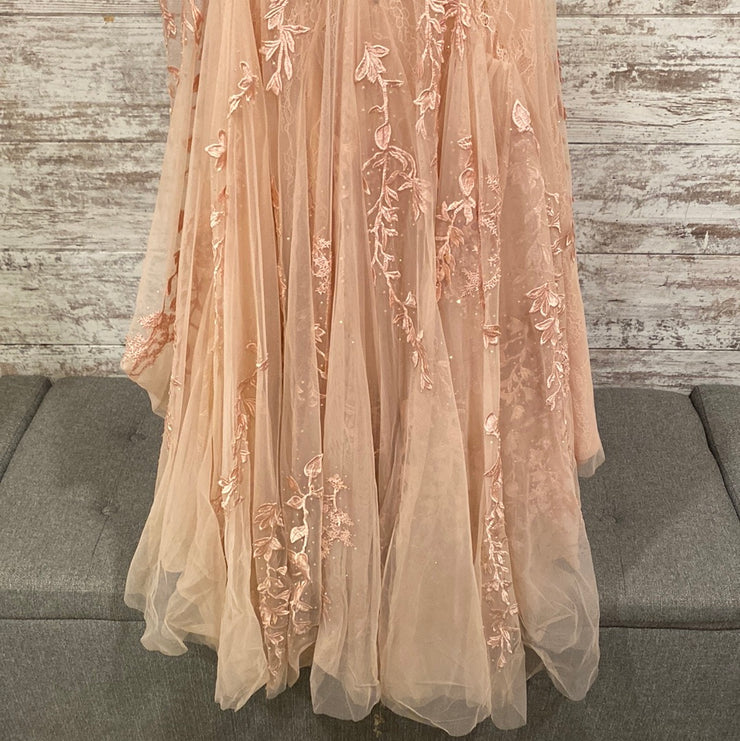 PEACH/FLORAL LONG EVENING GOWN