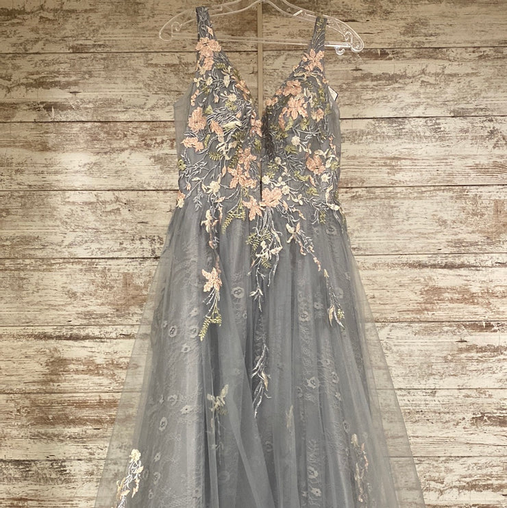 GRAY/FLORAL A LINE GOWN