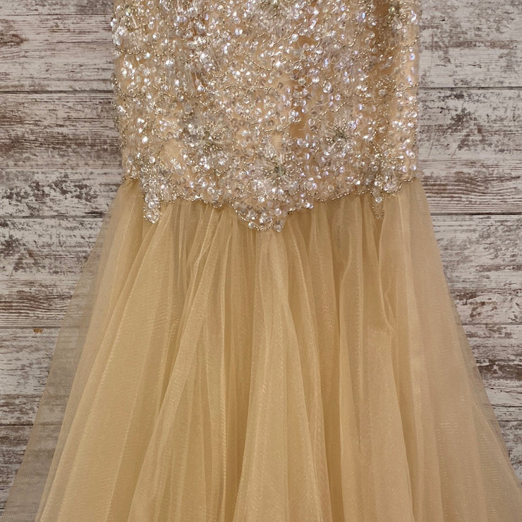 TAN/GOLD BEADED MERMAID GOWN