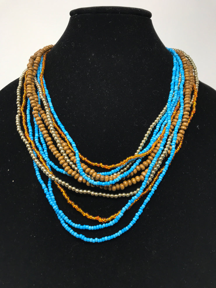 BLUE/BROWN/GOLD BEAD NECKLACE