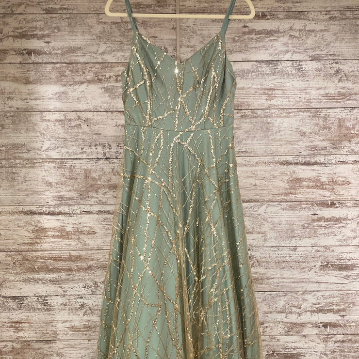 GREEN/GOLD A LINE GOWN