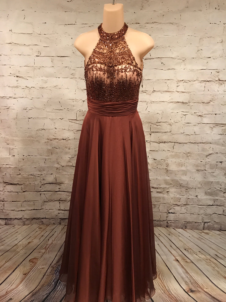 RUST BEADED LONG EVENING GOWN
