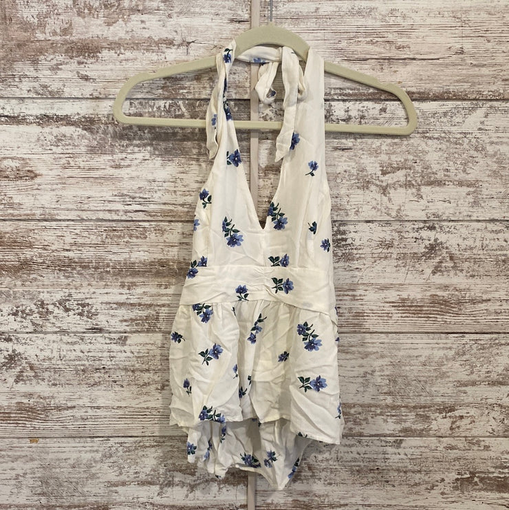 WHITE/BLUE FLORAL HALTER TOP