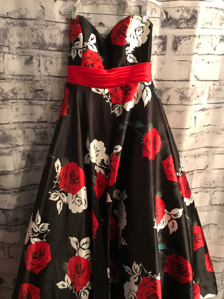 BLACK/RED FLORAL A LINE GOWN