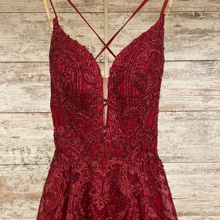 BURGUNDY/FLORAL A LINE GOWN