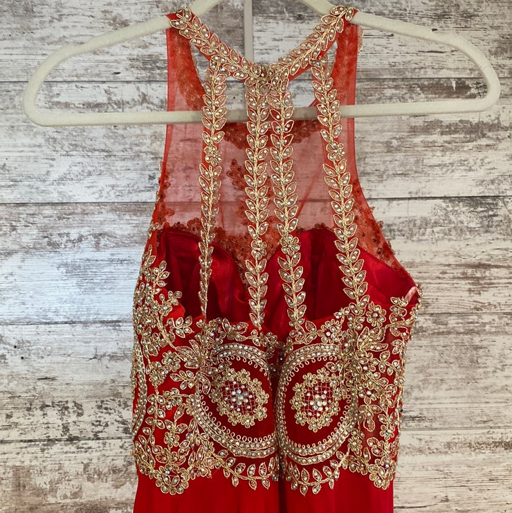 RED/GOLD LONG EVENING GOWN