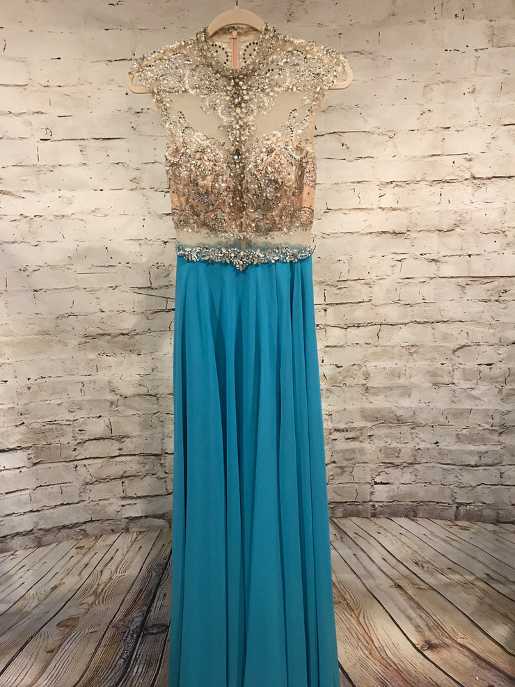 TURQUOISE/TAN LONG EVENING GOWN