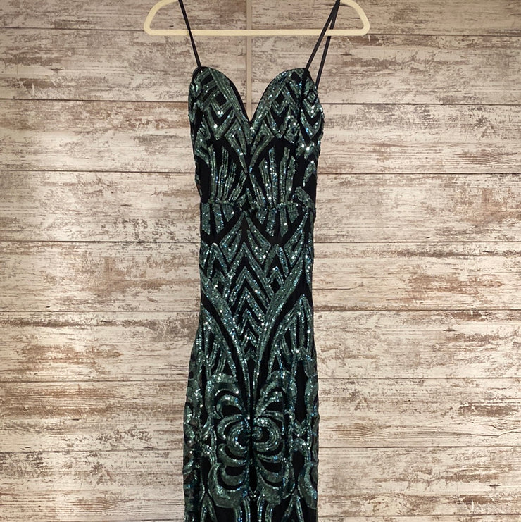 GREEN/BLACK SEQUIN LONG DRESS