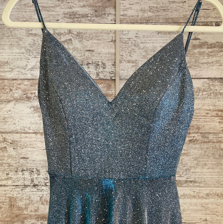 BLUE SPARKLY A LINE GOWN