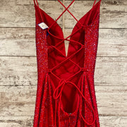 RED BEADED LONG EVENING GOWN