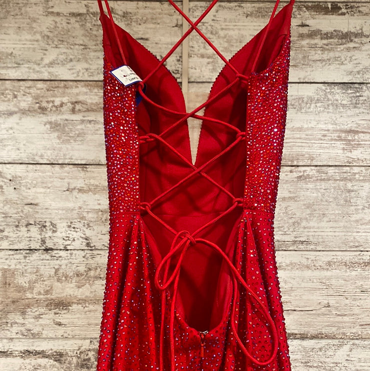 RED BEADED LONG EVENING GOWN