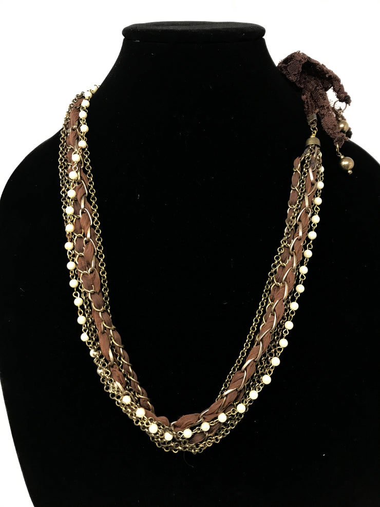 BROWN MATERIAL W/PEARLS NECK