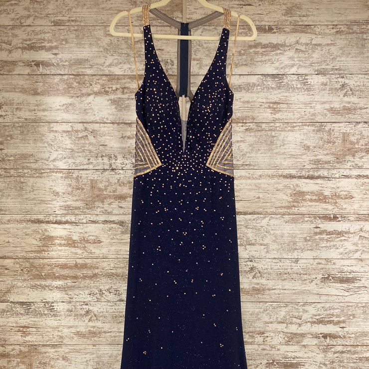 NAVY/GOLD LONG EVENING GOWN