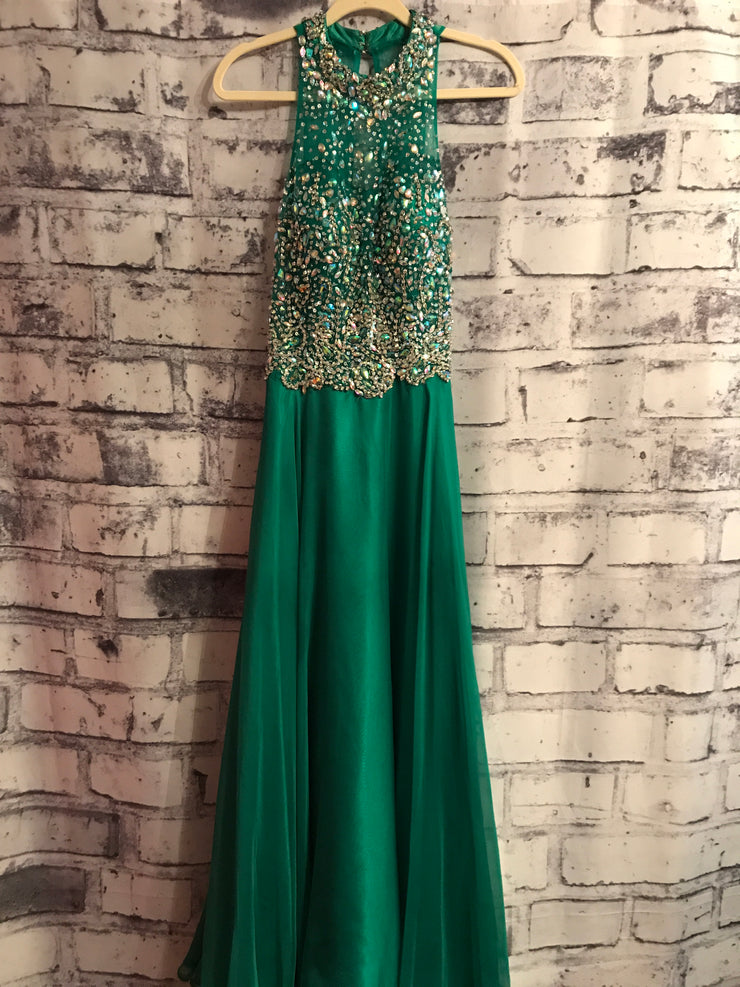 GREEN BEADED LONG EVENING GOWN