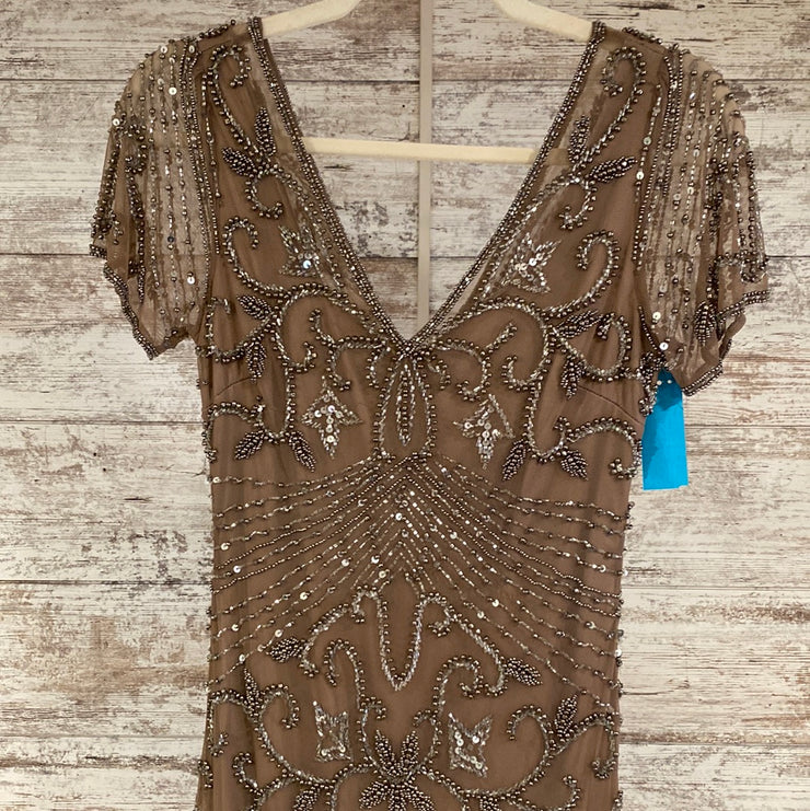 TAN BEADED LONG EVENING GOWN
