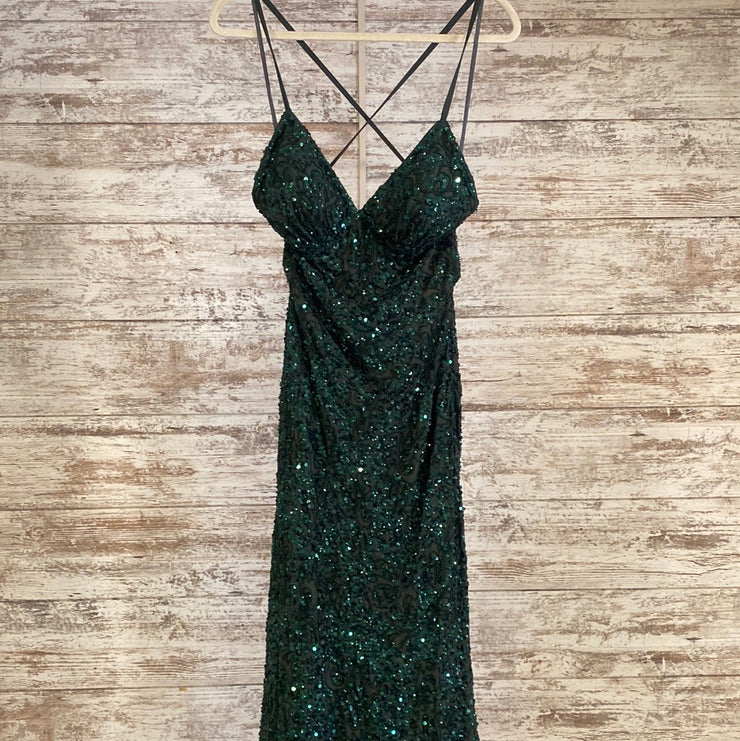 GREEN SEQUIN/BEADED LONG DRESS