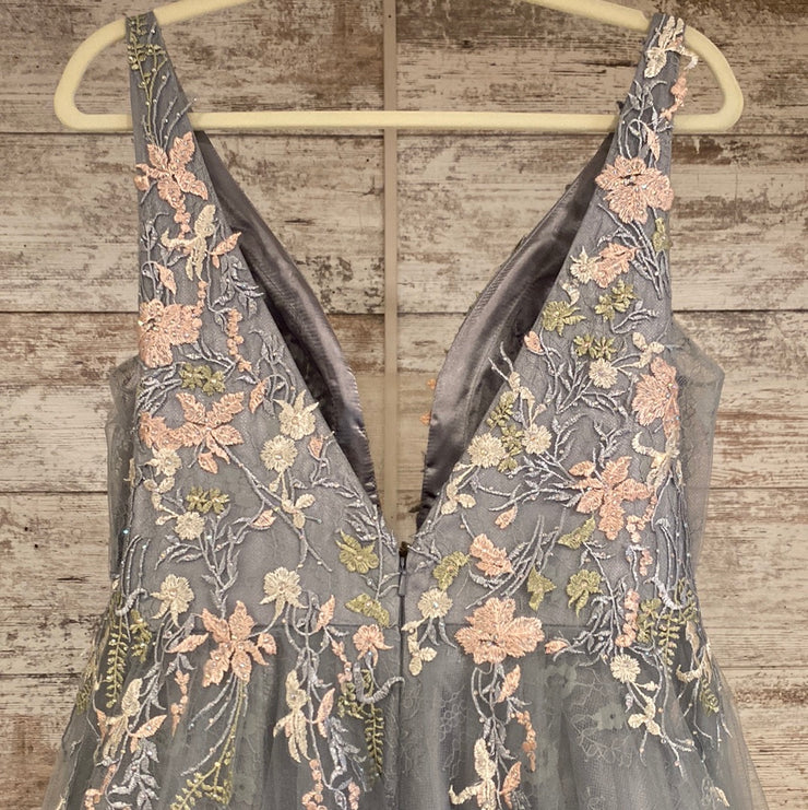 GRAY/BLUE FLORAL A LINE GOWN