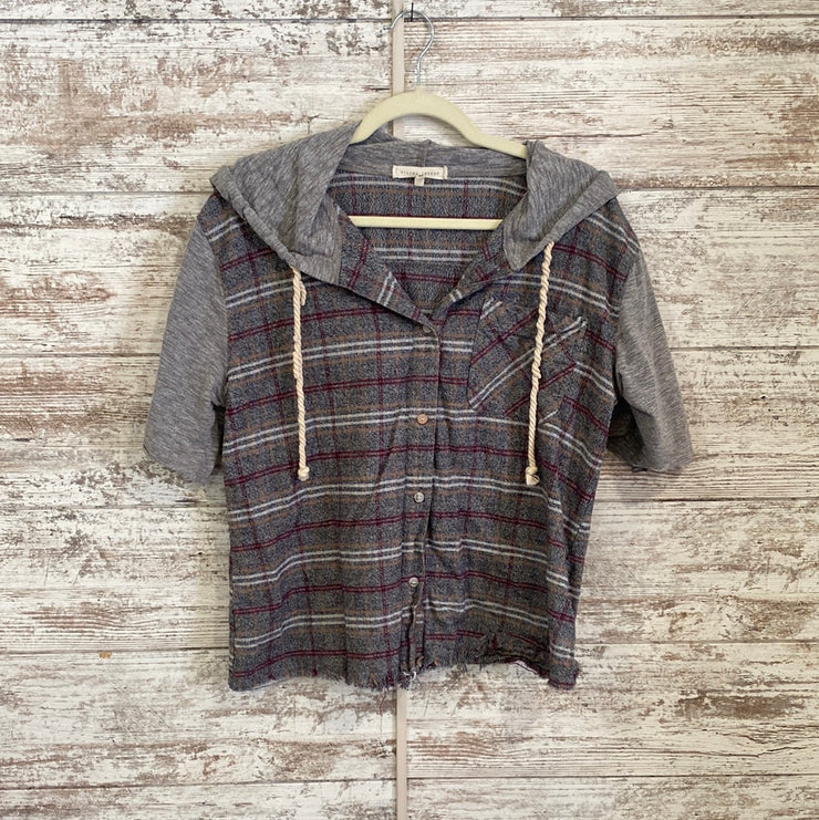 PLAID BUTTON UP HOODIE $78