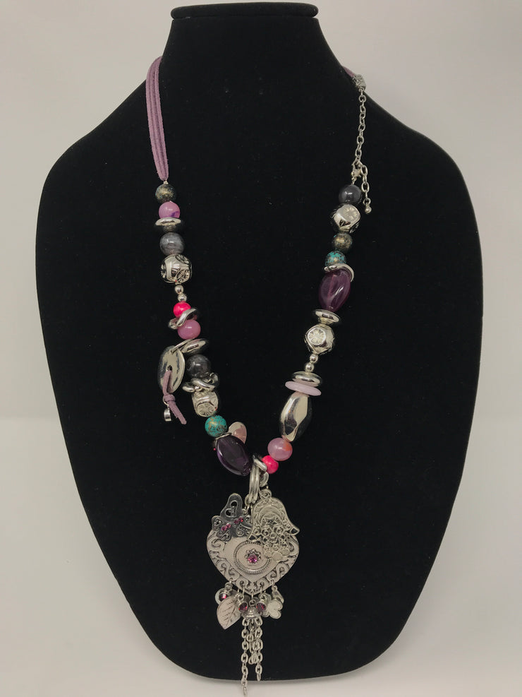 PURPLE/TEAL BEAD SILVER NECK