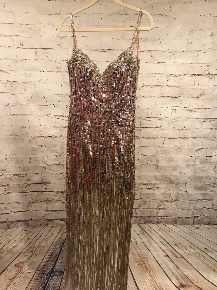 GOLD W/FRINGE EVENING GOWN (NEW)