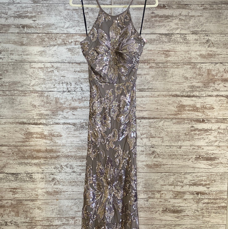 TAN/GOLD LONG EVENING GOWN