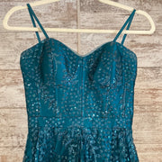 GREEN SPARKLY A LINE GOWN