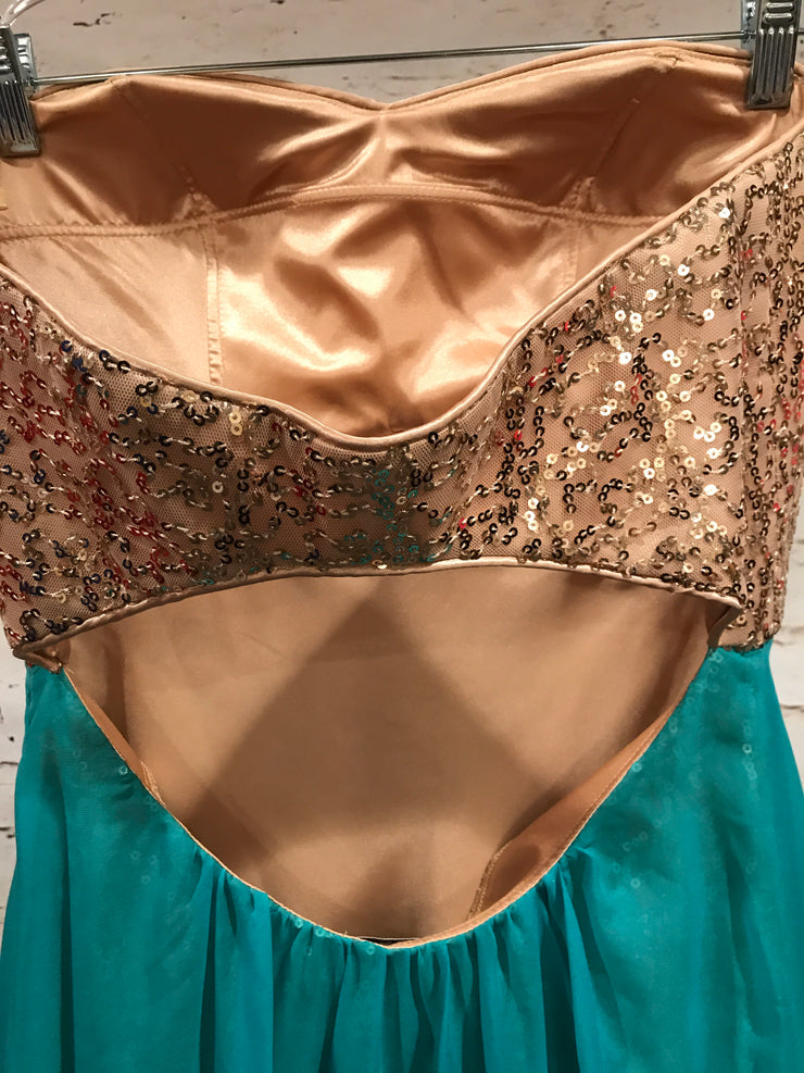 TURQUOISE/GOLD LONG EVENING GOWN