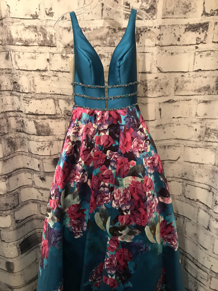 TEAL/FLORAL PRINCESS GOWN W/POCKETS