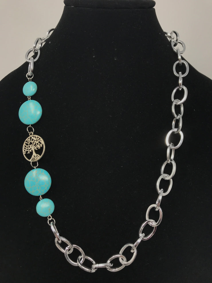 BLUE STONE/SILVER TREE NECKLAC