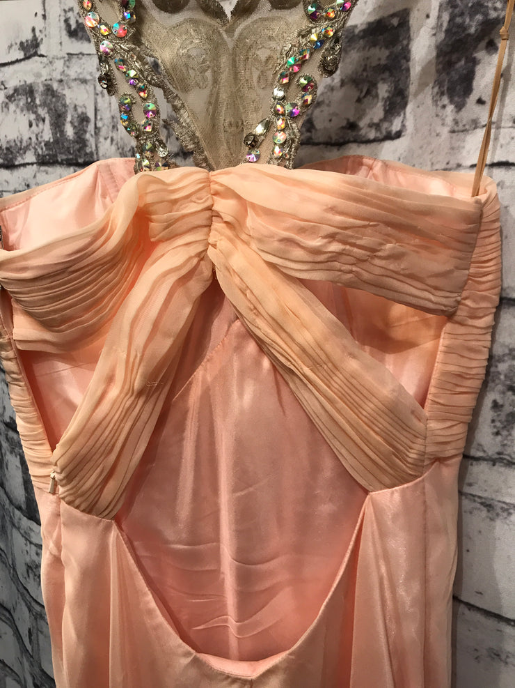 PEACH HALTER EVENING GOWN Savvy Seconds Boutique PEACH HALTER EVENING GOWN Savvy Seconds Boutique